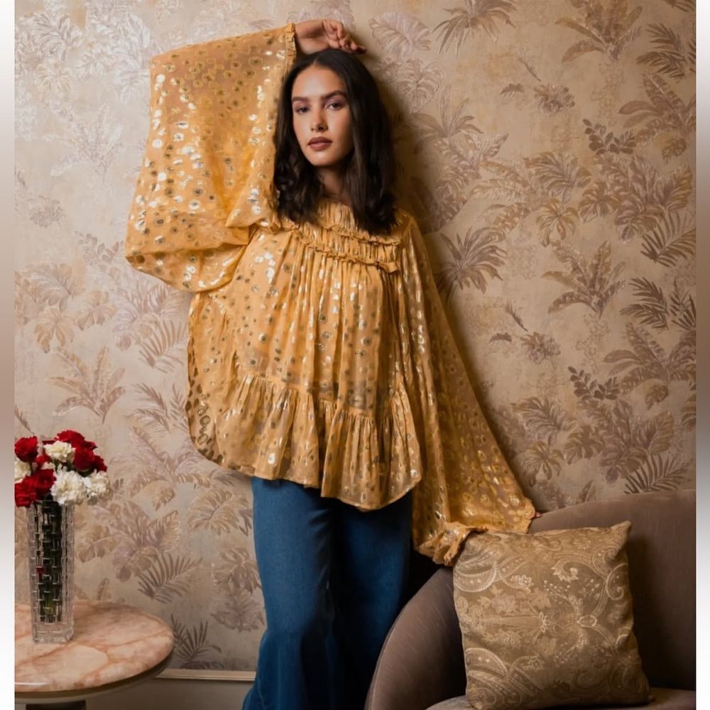 Ollari Shirley Blouse Apricot Frost Gold Metallic Ruffle Boho Top M NWT
